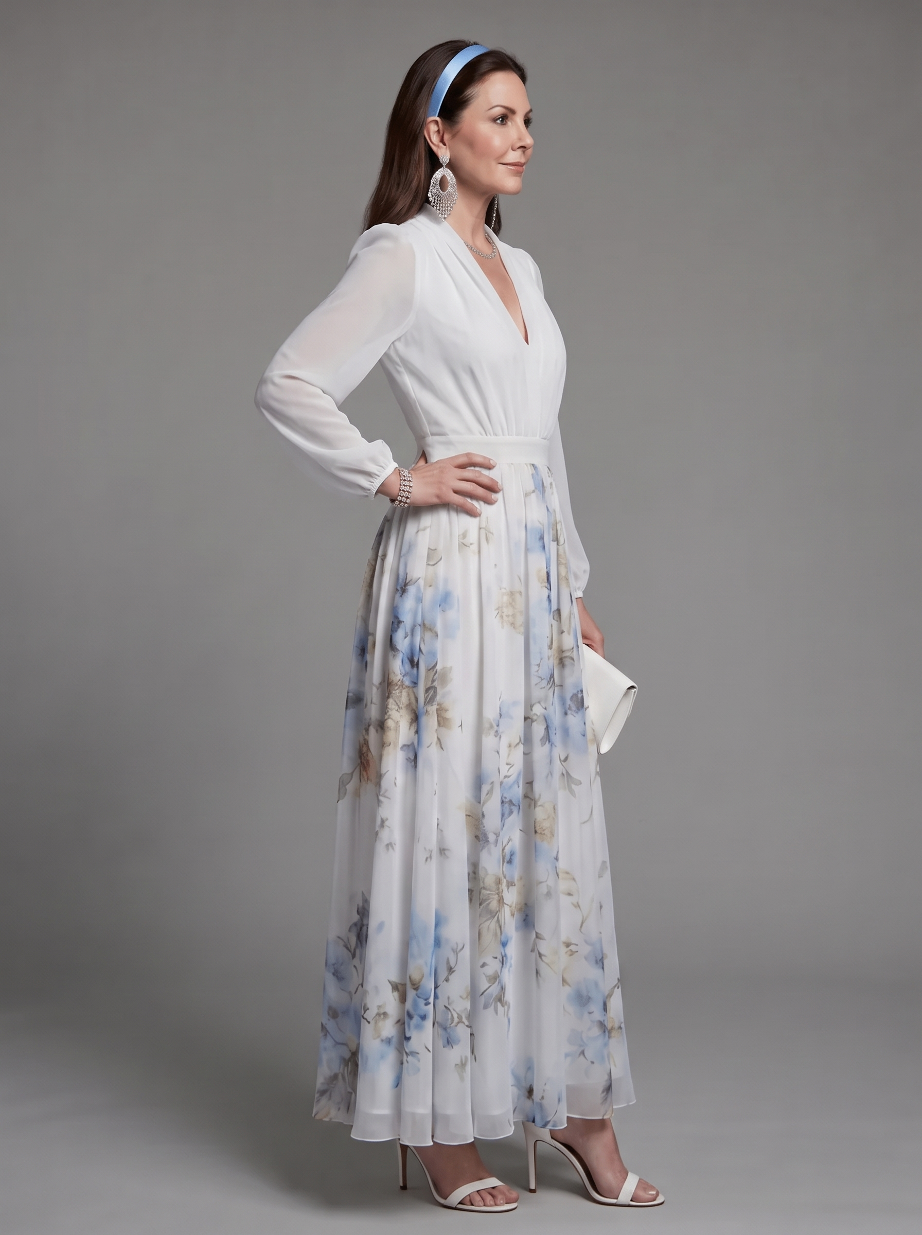 White V-neck sheer bodice floral maxi dress with long puff sleeves, gathered waist