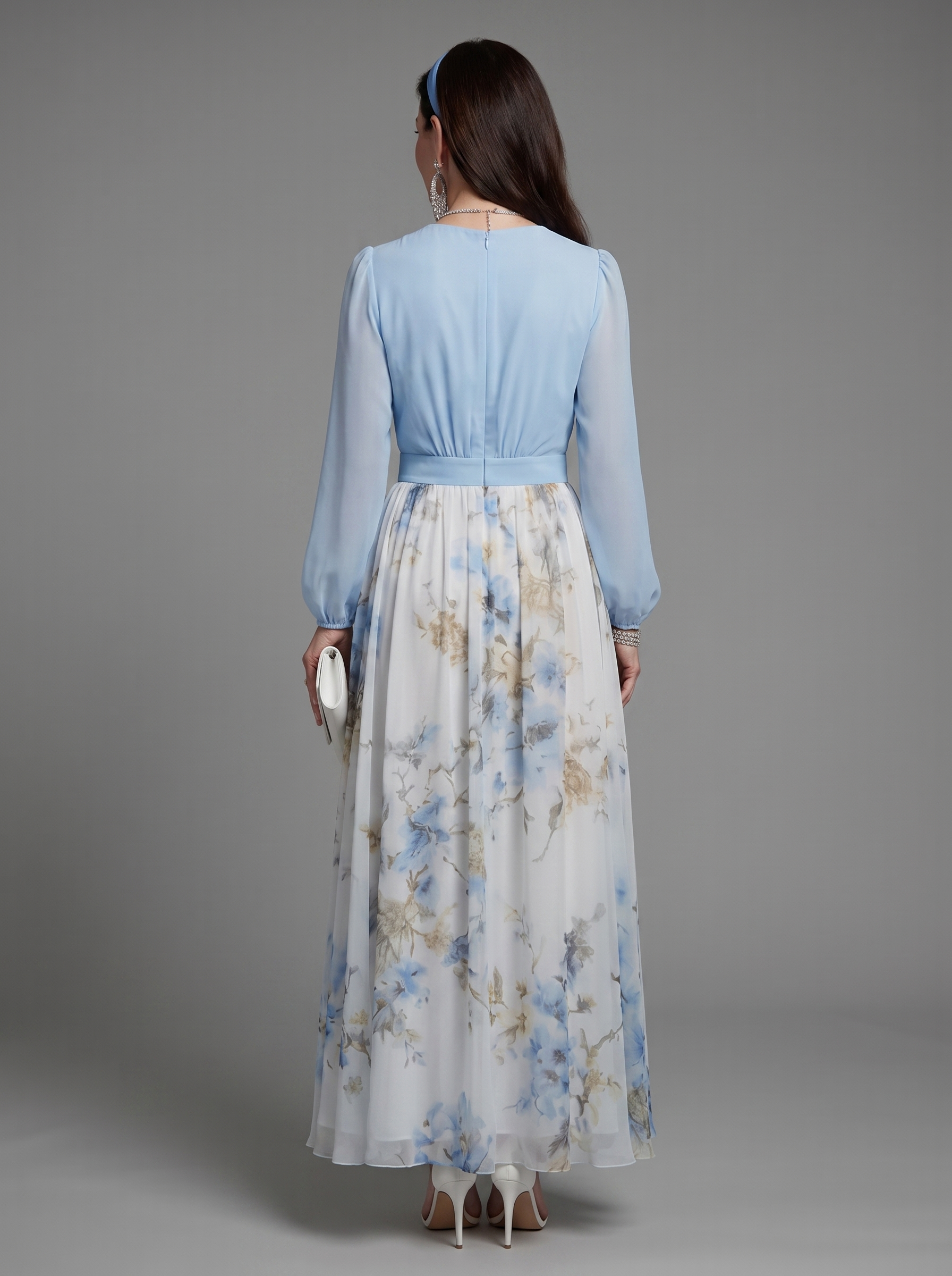 Sky blue sheer-back floral maxi dress, gathered waist, long sleeves, V-neck front