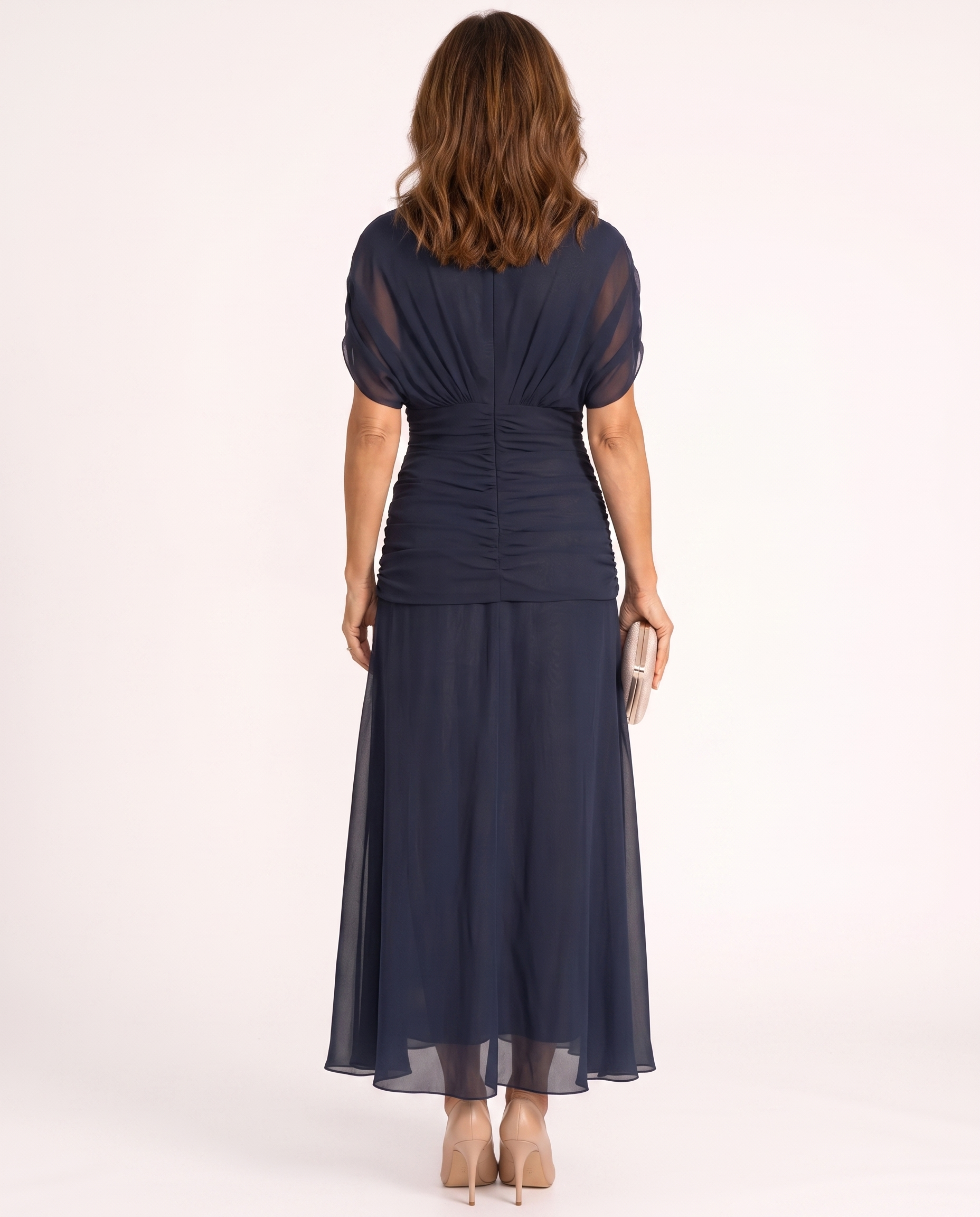 Dark blue maxi dress back view, ruched waist seam, sheer hem, short gathered sleeves