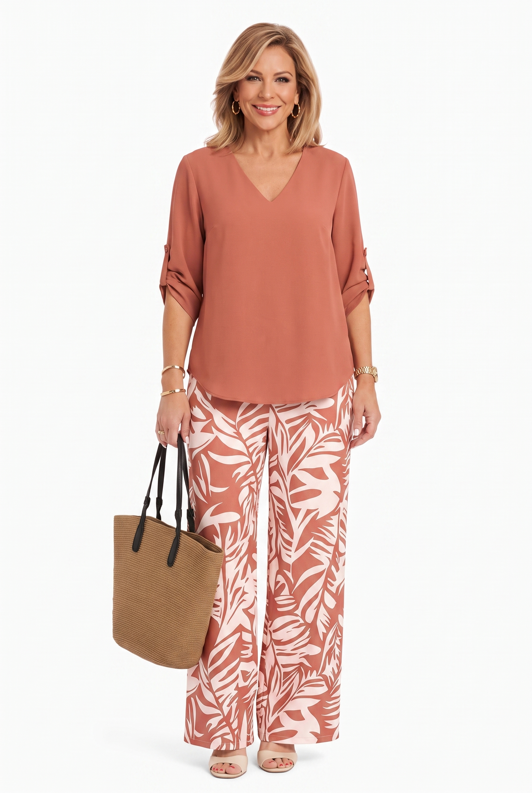 Rust V-neck top and wide-leg pants set with palm-leaf print