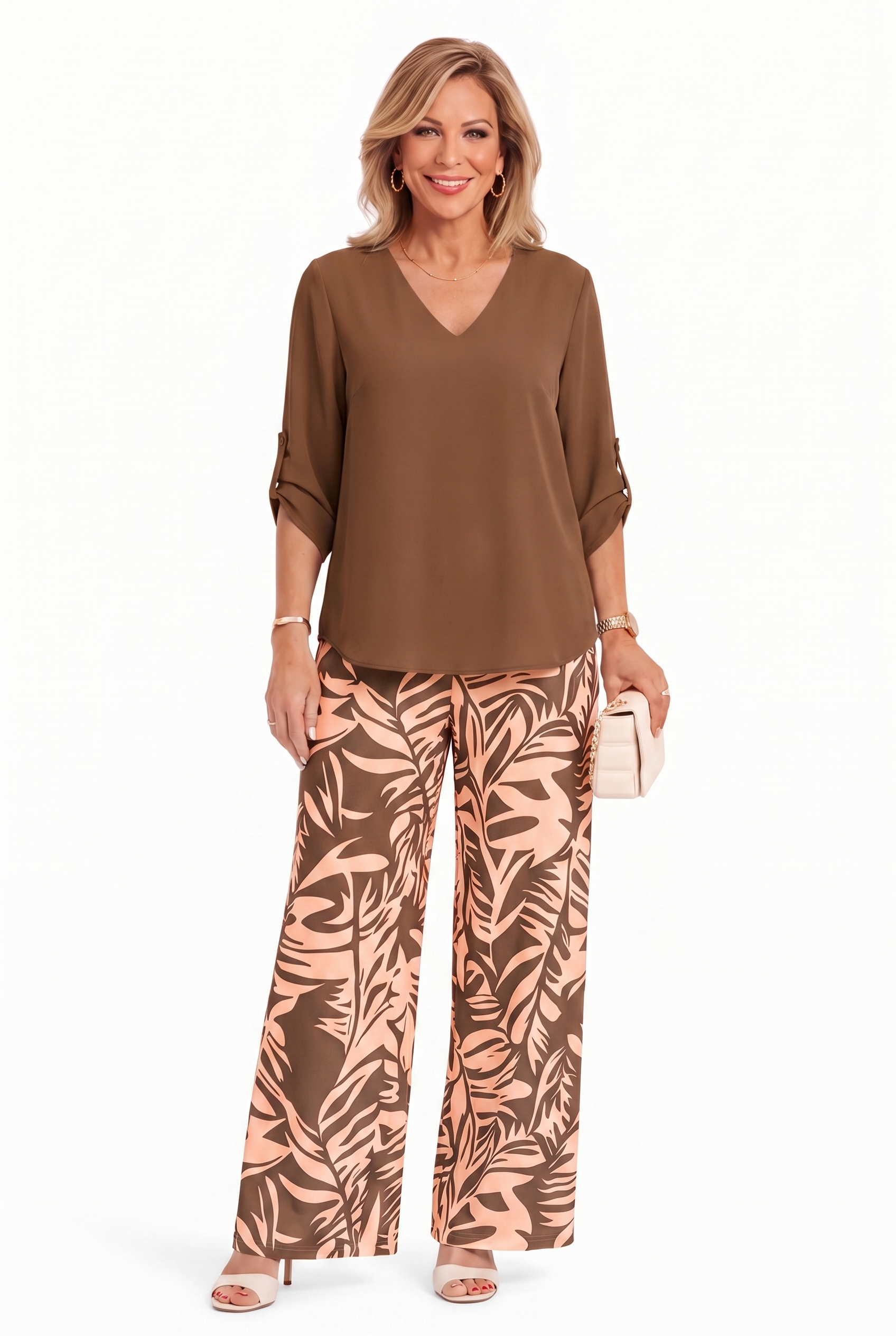 Brown V-neck top and wide-leg pants set with palm-leaf print