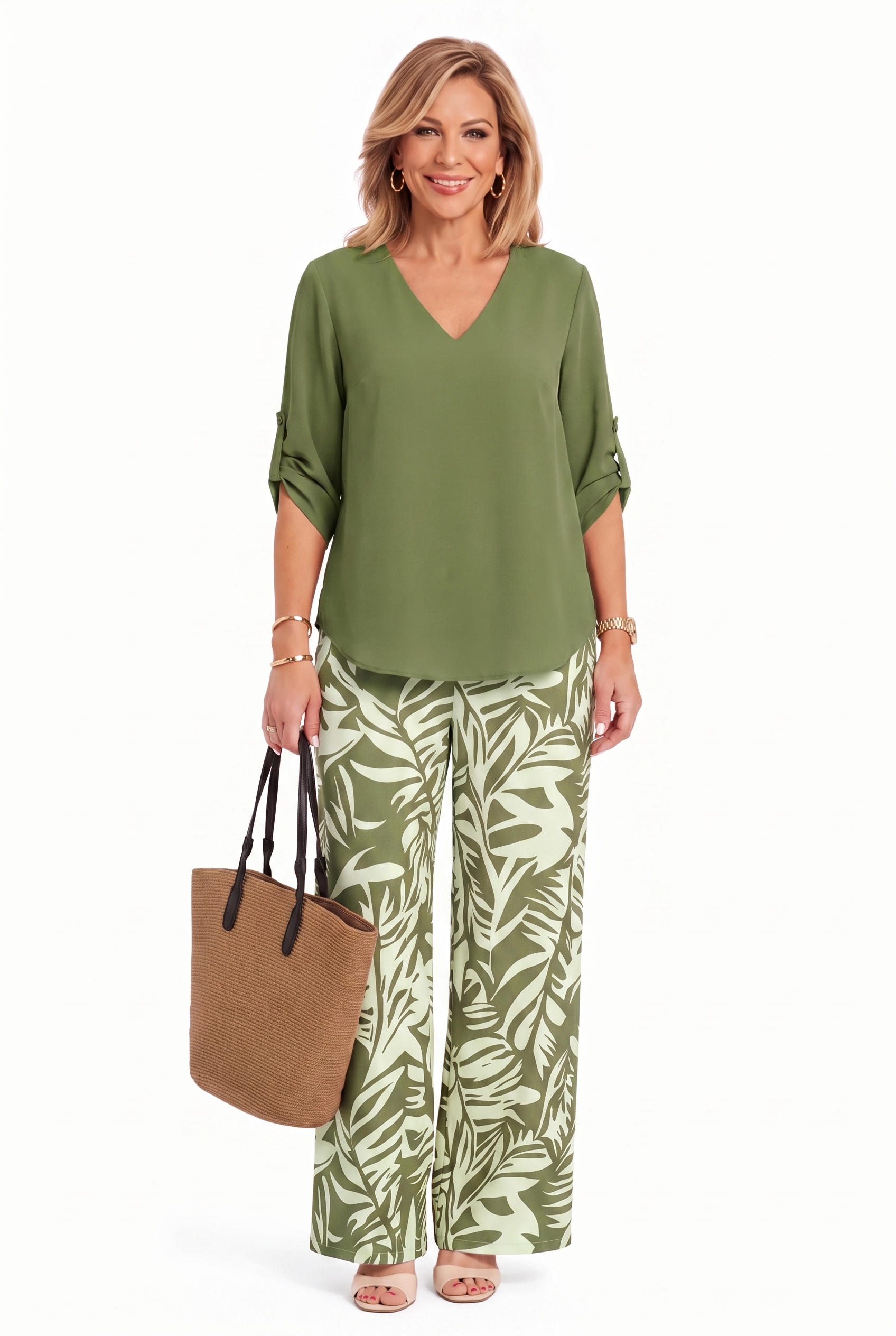Olive V-neck top and wide-leg pants set with palm-leaf print