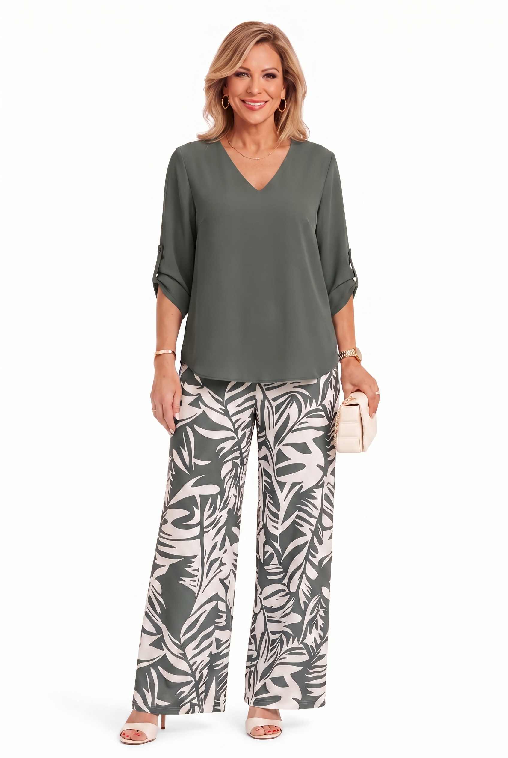Dark green V-neck top and wide-leg pants set with palm-leaf print