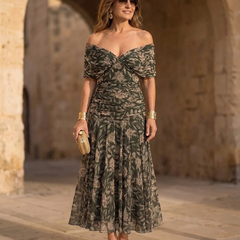 Off-shoulder botanical print midi dress with pleated skirt and fitted bodice