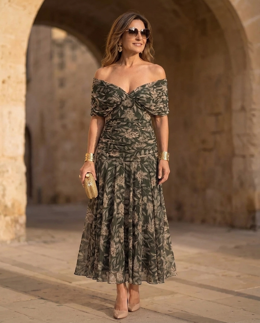 Off-shoulder botanical print midi dress with pleated skirt and fitted bodice