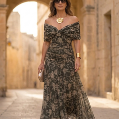 Dark green botanical off-shoulder pleated midi dress with gathered waist