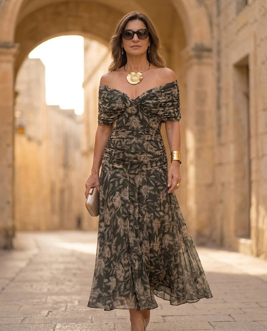 Dark green botanical off-shoulder pleated midi dress with gathered waist
