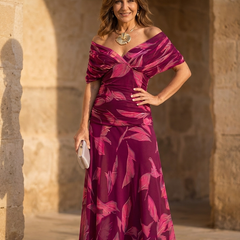 Purple leaf-print midi dress with off-shoulder neckline, ruched waist and flared skirt