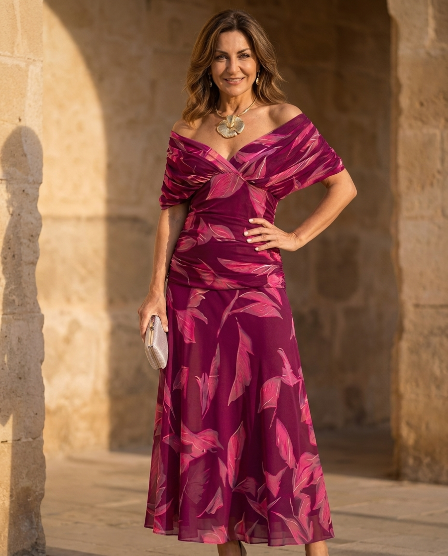 Purple leaf-print midi dress with off-shoulder neckline, ruched waist and flared skirt