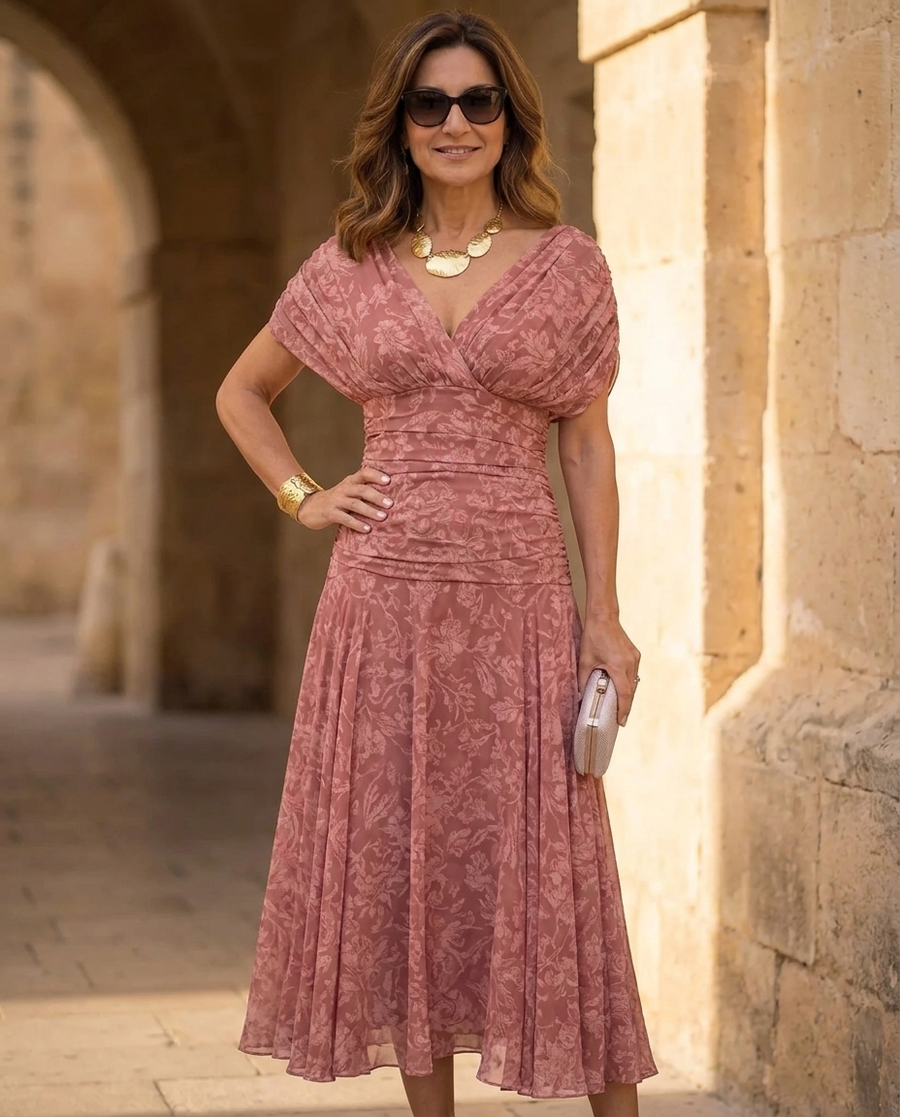 Pink V-neck wrap midi dress with short sleeves and pleated skirt