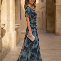 Blue watercolor midi dress with V-neck, short sleeves, fitted waist, full skirt