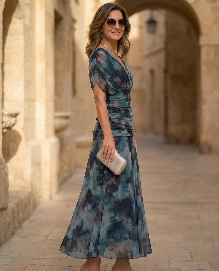 Blue watercolor midi dress with V-neck, short sleeves, fitted waist, full skirt