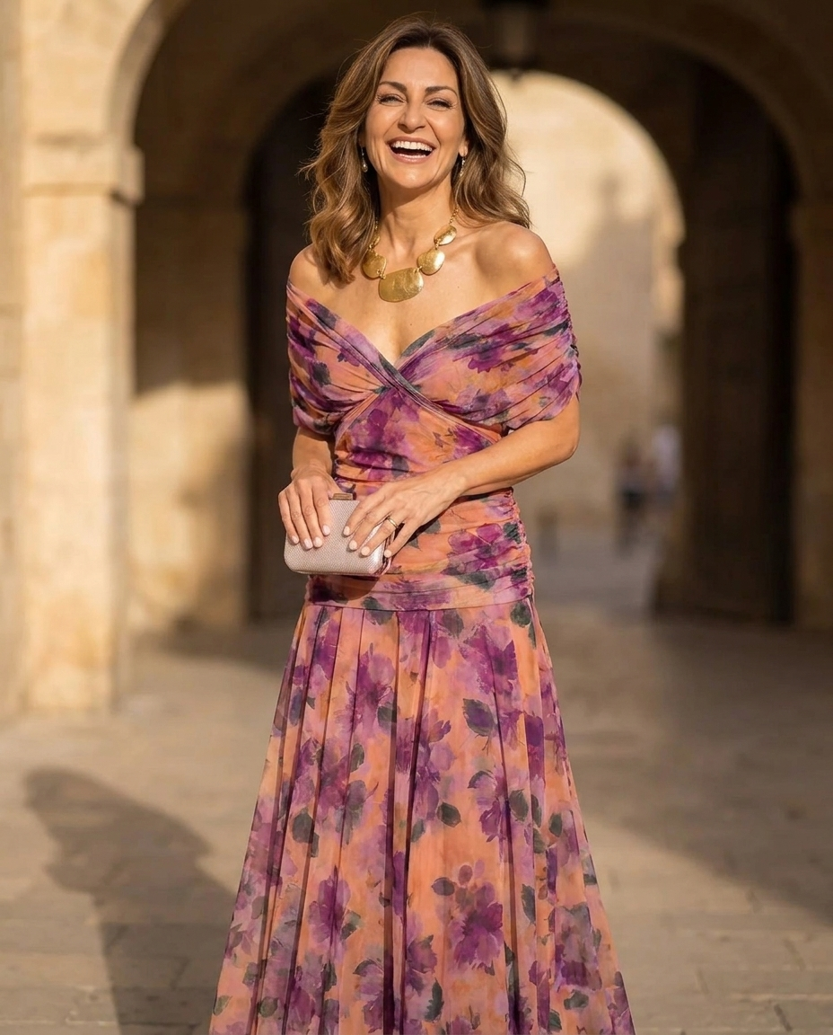 Purple off-shoulder floral dress with ruched bust and gathered waist
