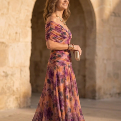 Purple off-shoulder floral dress with short sleeves and pleated maxi skirt