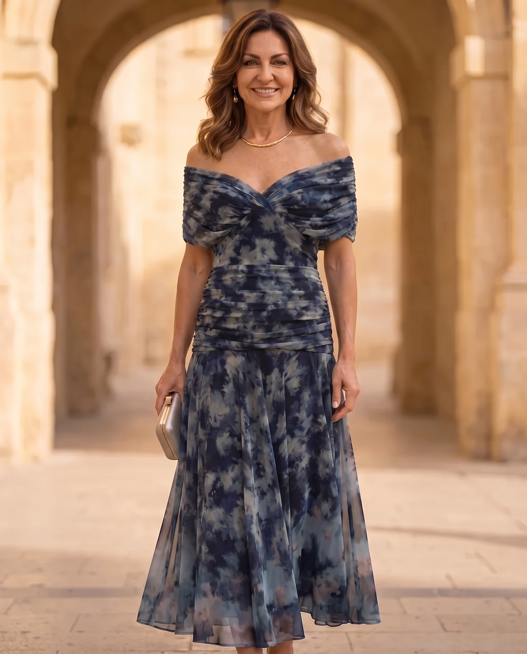 Navy floral off-shoulder flow dress with ruched bust and flared midi skirt