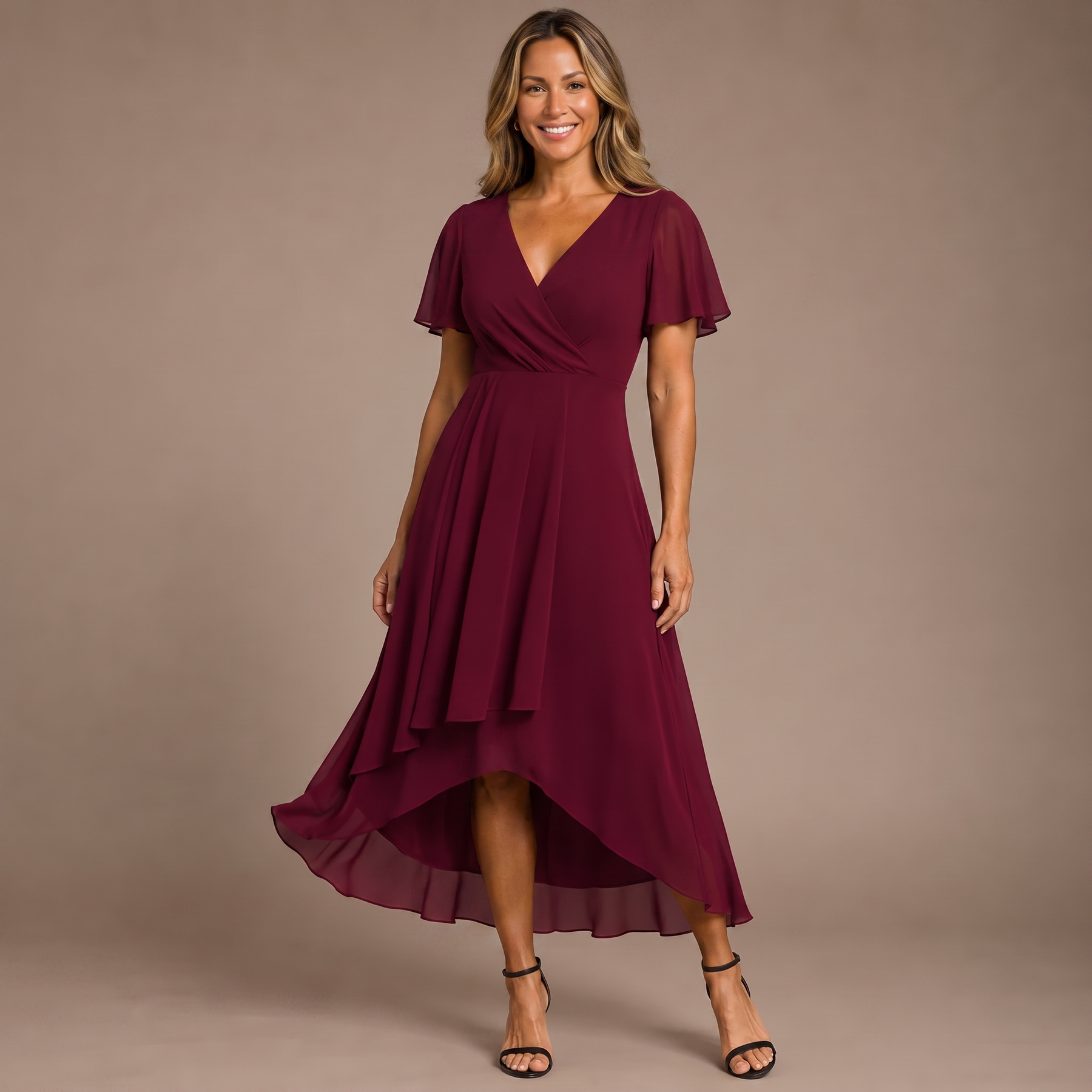 Burgundy chiffon midi dress with V-neck, flutter sleeves, and layered high-low hem