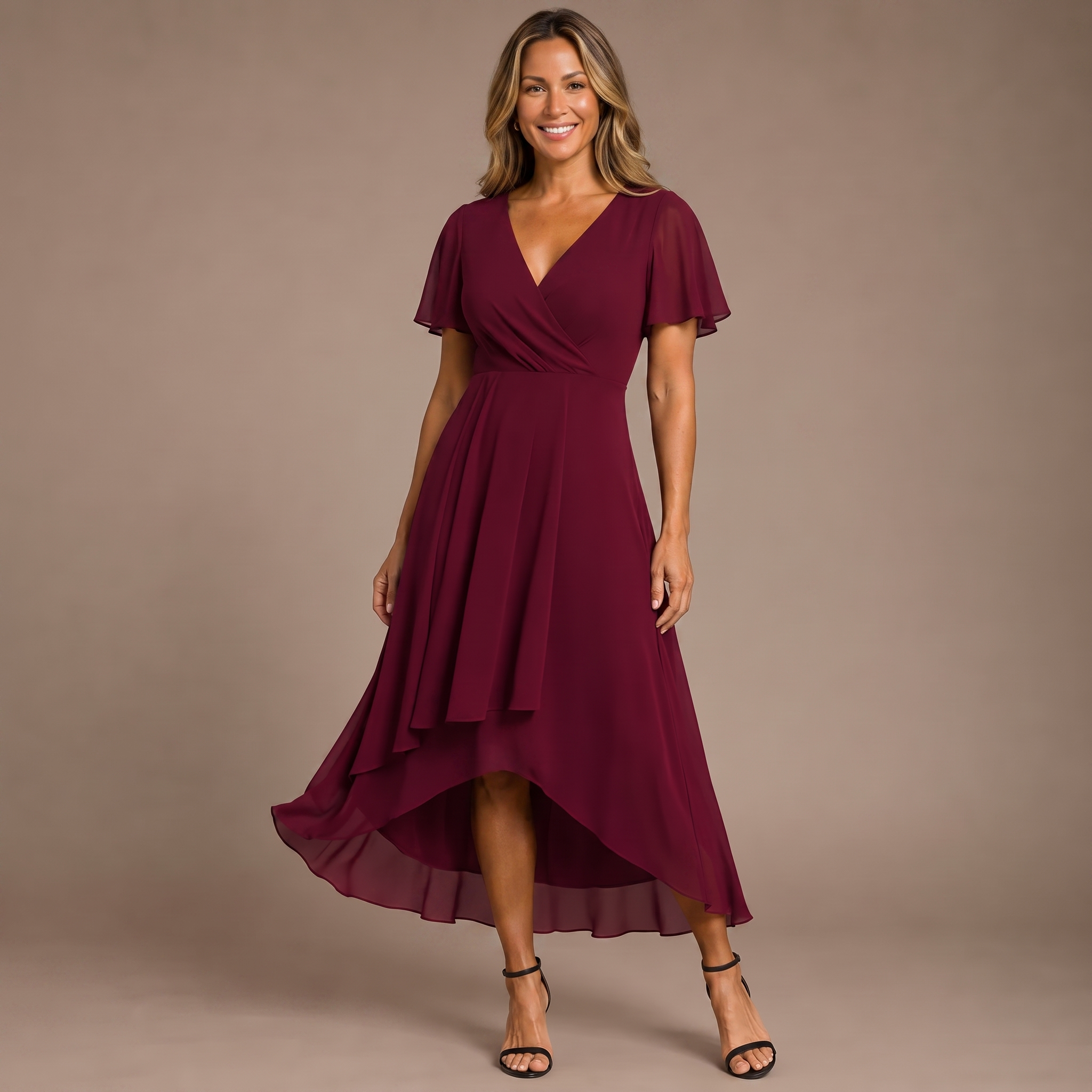 Burgundy chiffon midi dress with V-neck, flutter sleeves, and layered high-low hem