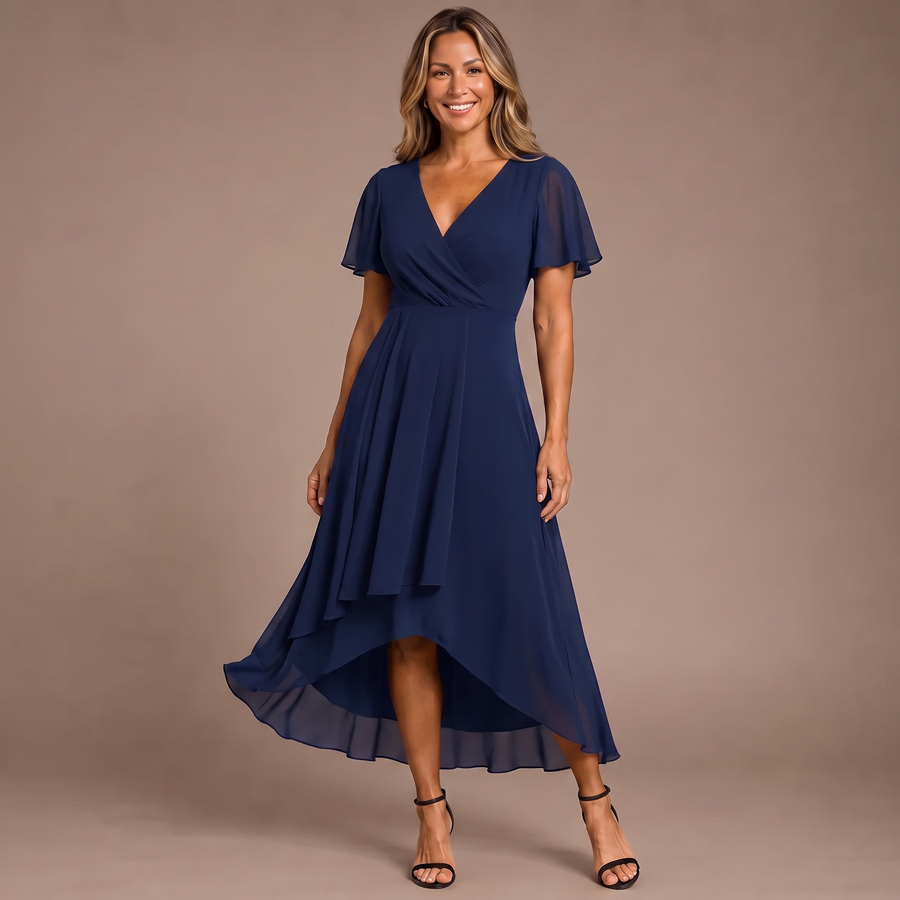 Navy chiffon midi dress with V-neck, flutter sleeves, and layered high-low hem