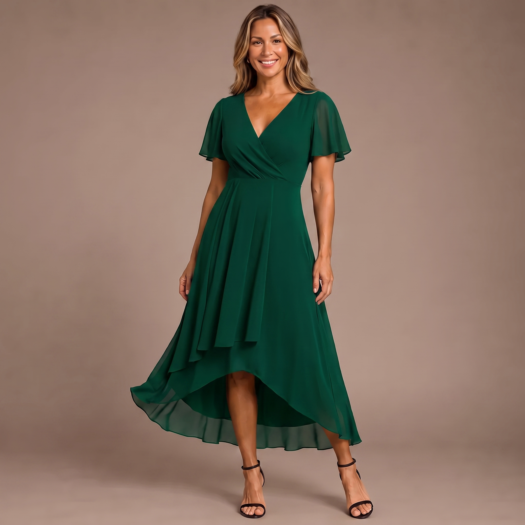 Dark green chiffon midi dress with V-neck, flutter sleeves, and layered high-low hem