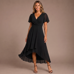 Black chiffon midi dress with V-neck, flutter sleeves, and layered high-low hem