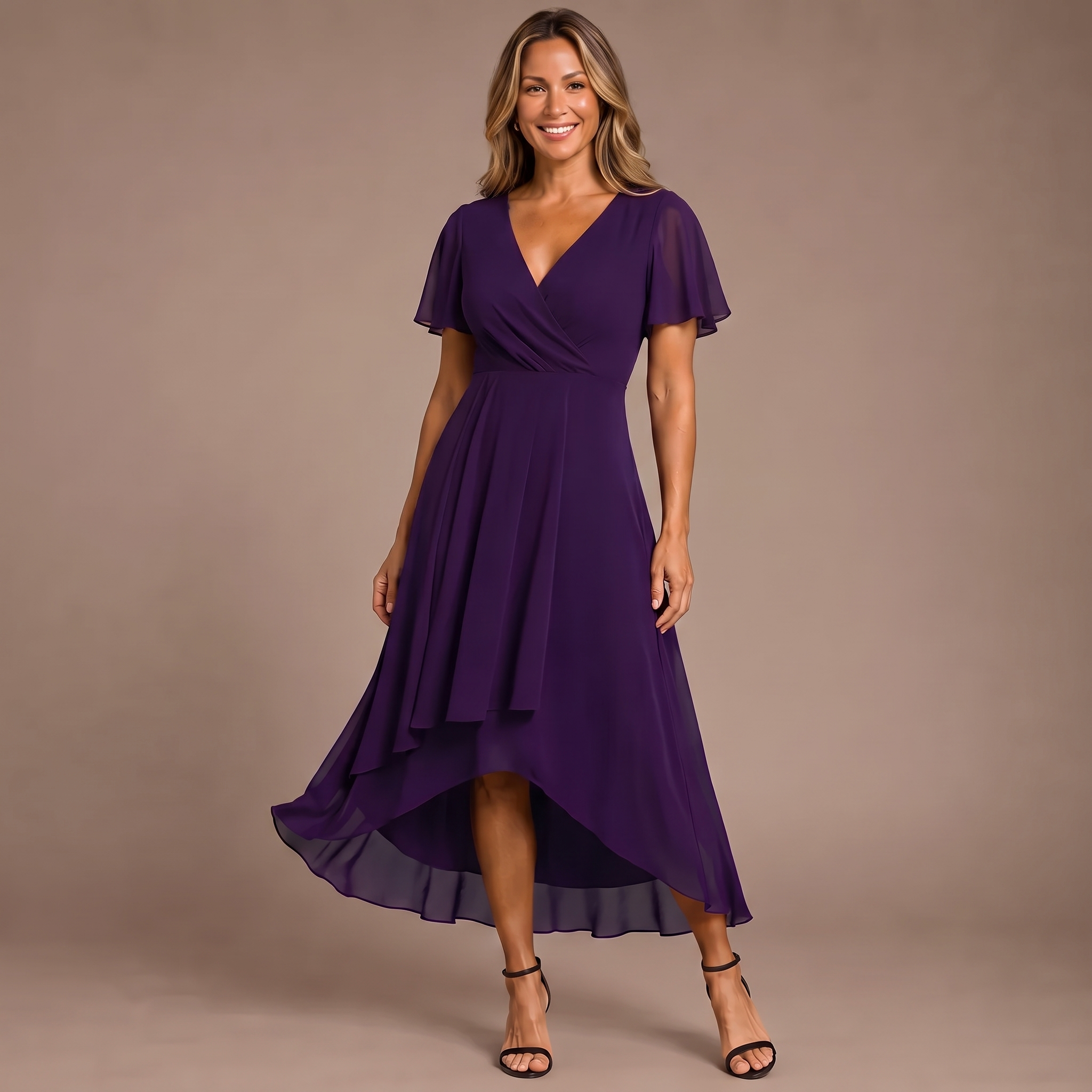 Purple chiffon midi dress with V-neck, flutter sleeves, and layered high-low hem