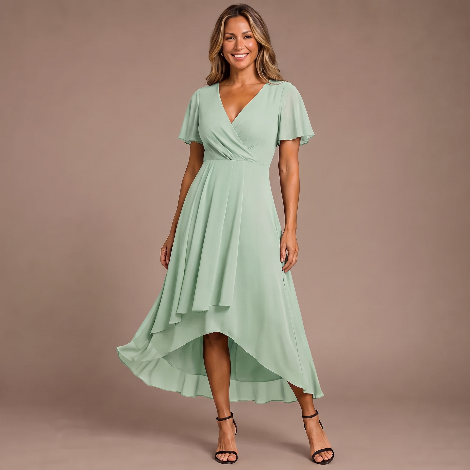 Mint green chiffon midi dress with V-neck, flutter sleeves, and layered high-low hem