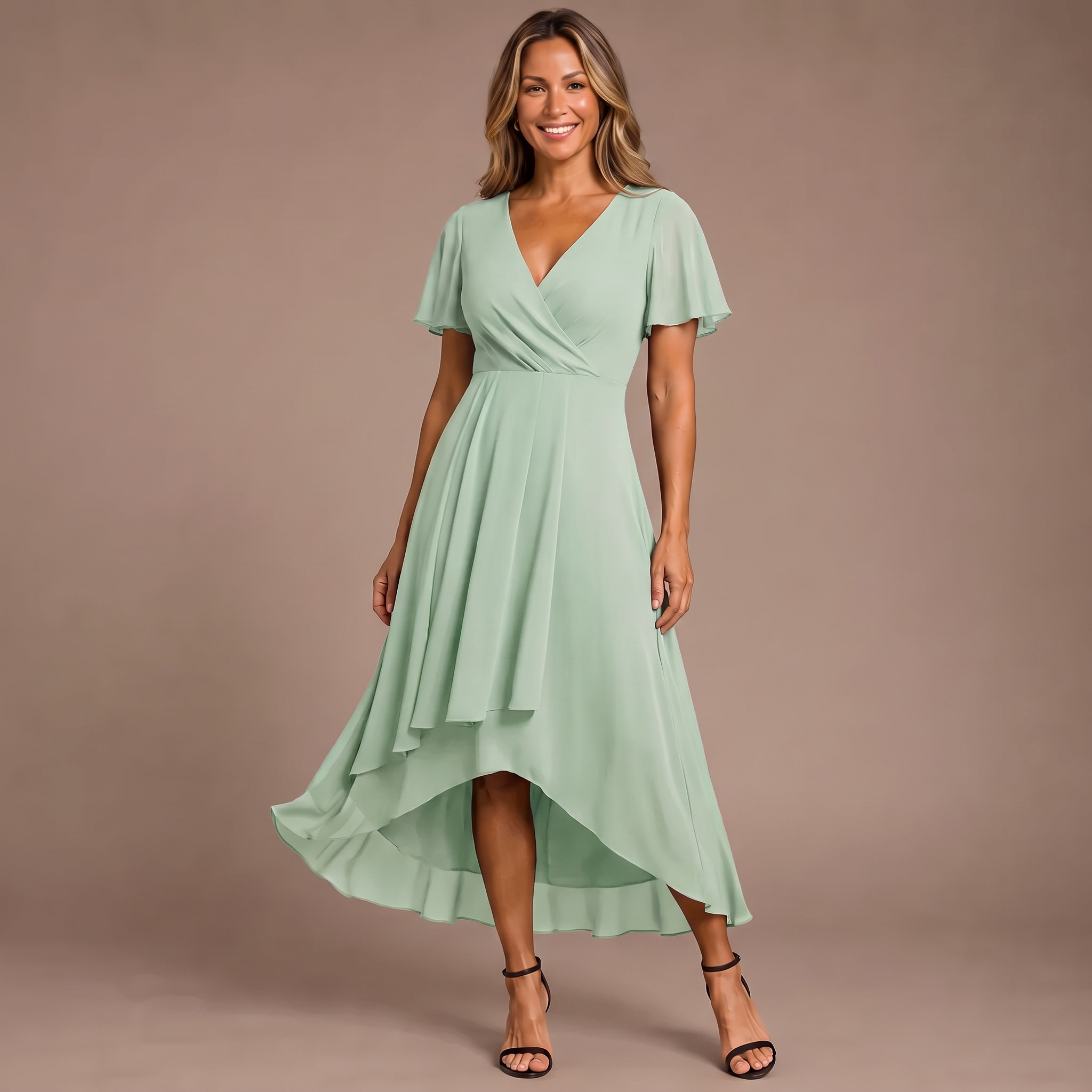 Mint green chiffon midi dress with V-neck, flutter sleeves, and layered high-low hem