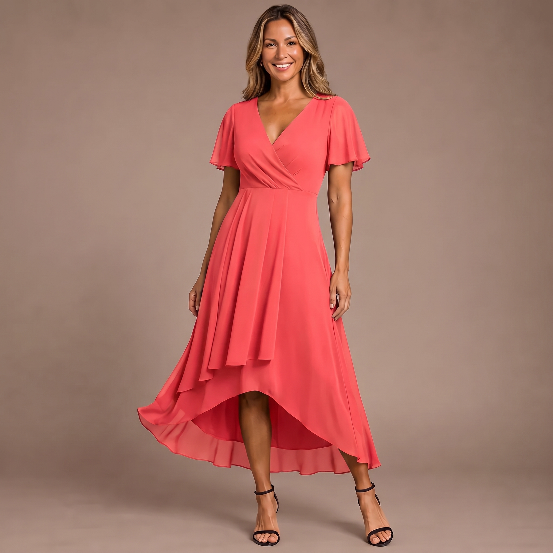 Coral red chiffon midi dress with V-neck, flutter sleeves, and layered high-low hem