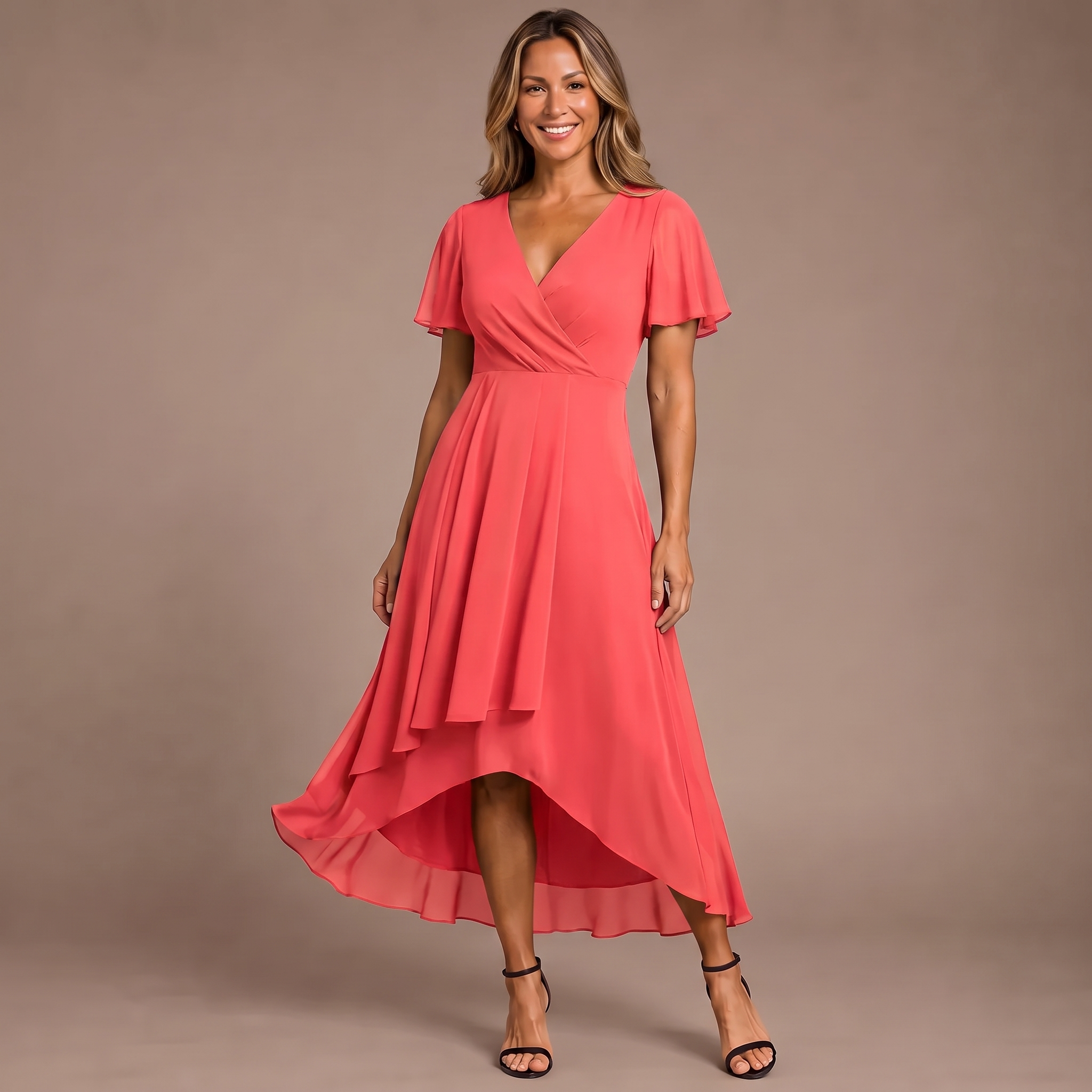 Coral red chiffon midi dress with V-neck, flutter sleeves, and layered high-low hem