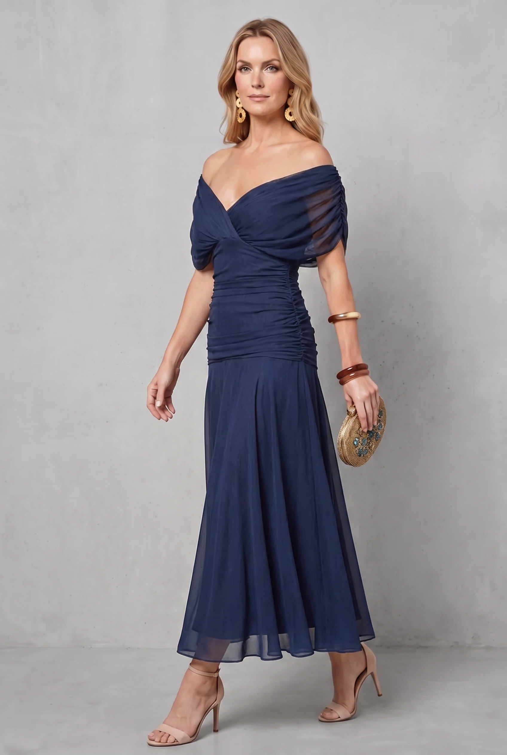 Dark blue draped V-neck maxi dress with gathered off-shoulder sleeves and chiffon hem