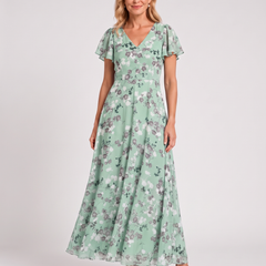 Mint green floral V-neck midi dress with short sleeves, belted waist, pleated skirt