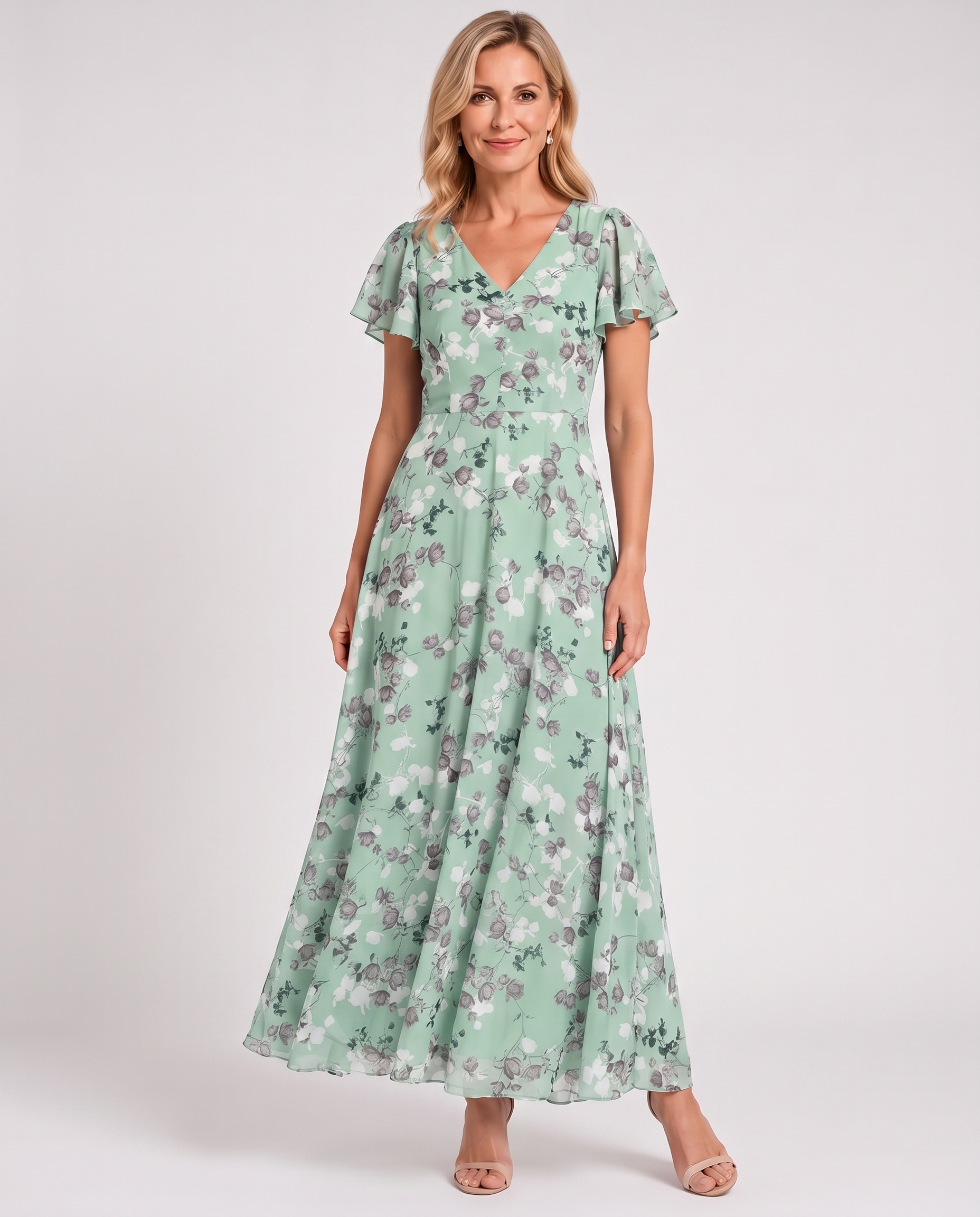 Mint green floral V-neck midi dress with short sleeves, belted waist, pleated skirt