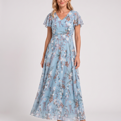 Light blue floral V-neck midi dress with short sleeves, belted waist, tiered skirt