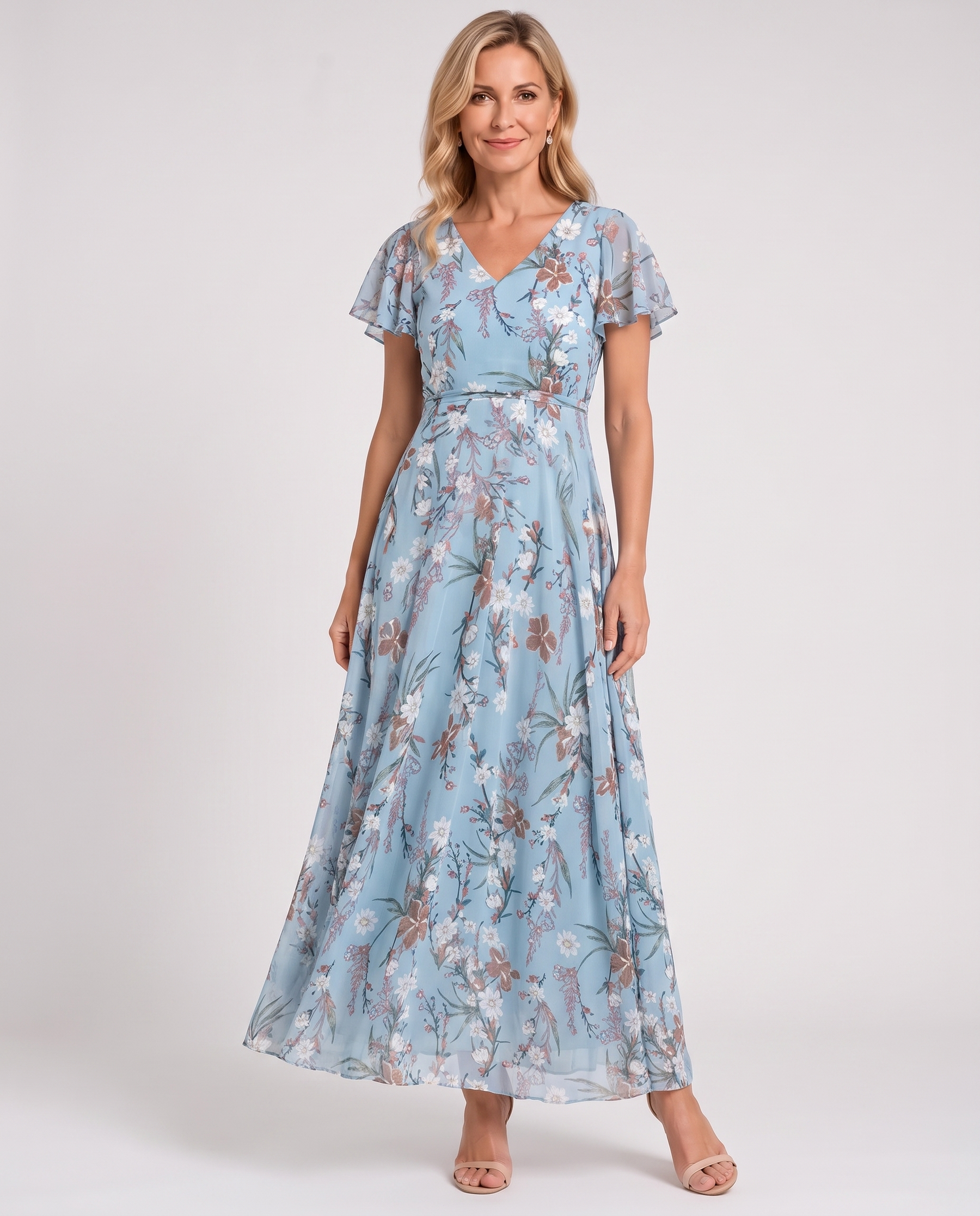 Light blue floral V-neck midi dress with short sleeves, belted waist, tiered skirt