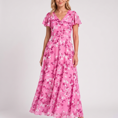 Pink floral V-neck midi dress with short sleeves, belted waist, tiered flowing skirt