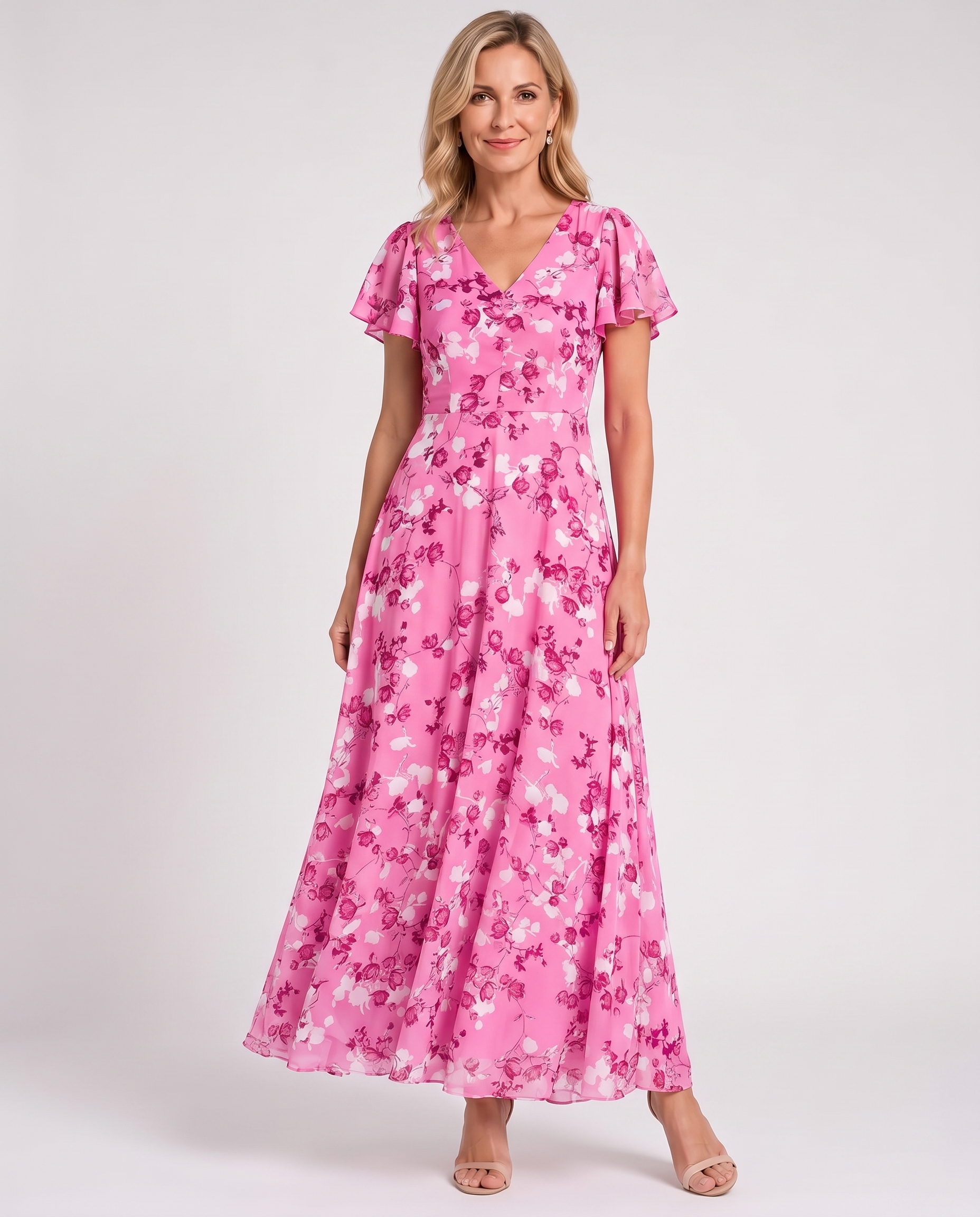 Pink floral V-neck midi dress with short sleeves, belted waist, tiered flowing skirt