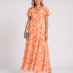 Peach orange floral V-neck midi dress with short flutter sleeves, belted waist, skirt