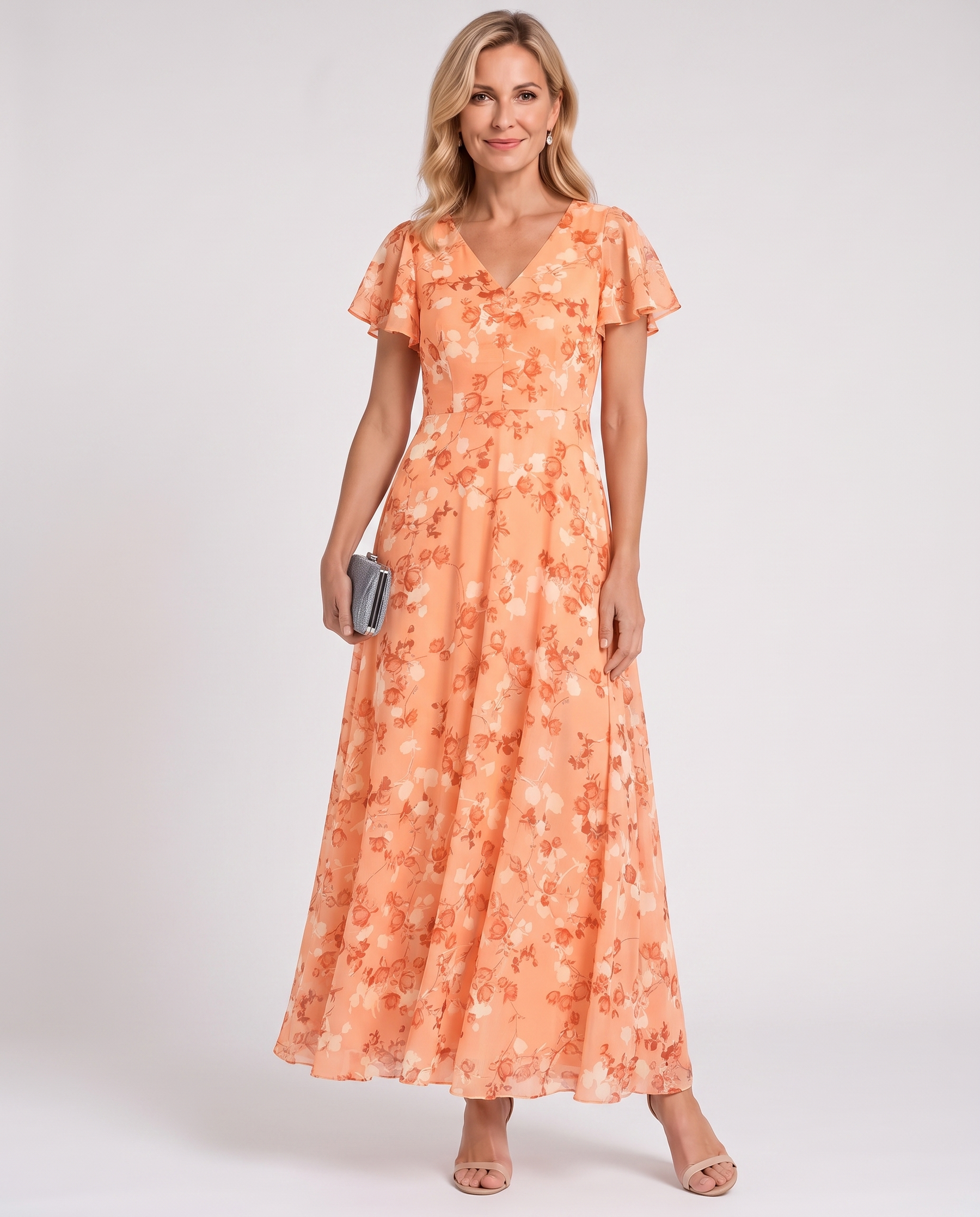 Peach orange floral V-neck midi dress with short flutter sleeves, belted waist, skirt