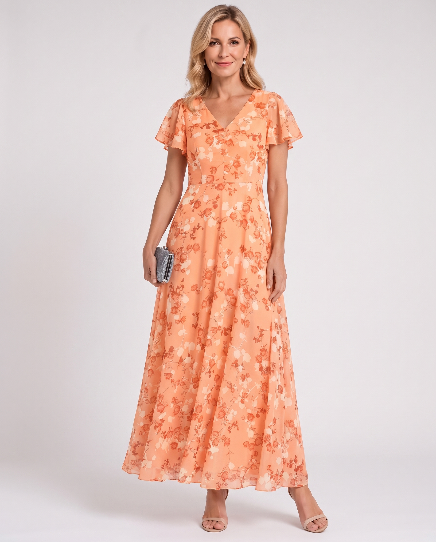Peach orange floral V-neck midi dress with short flutter sleeves, belted waist, skirt