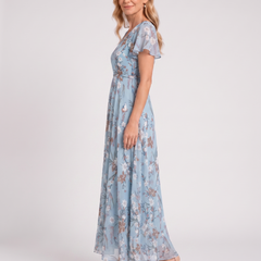 Light blue floral V-neck midi dress with short sleeves, fitted waist, flowing skirt