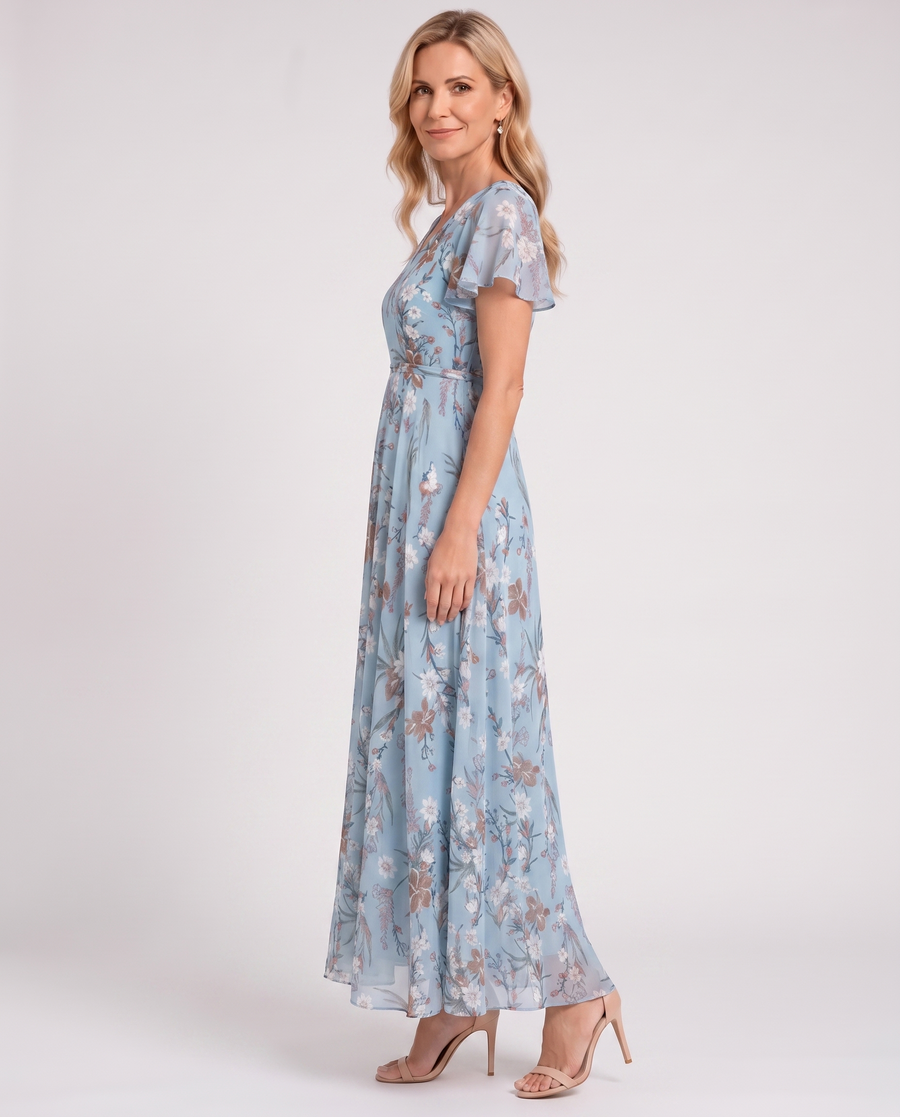Light blue floral V-neck midi dress with short sleeves, fitted waist, flowing skirt
