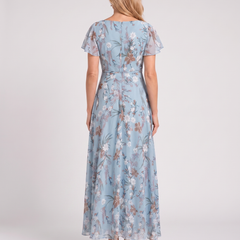 Light blue floral V-neck midi dress, short sleeves; back view with belted waist