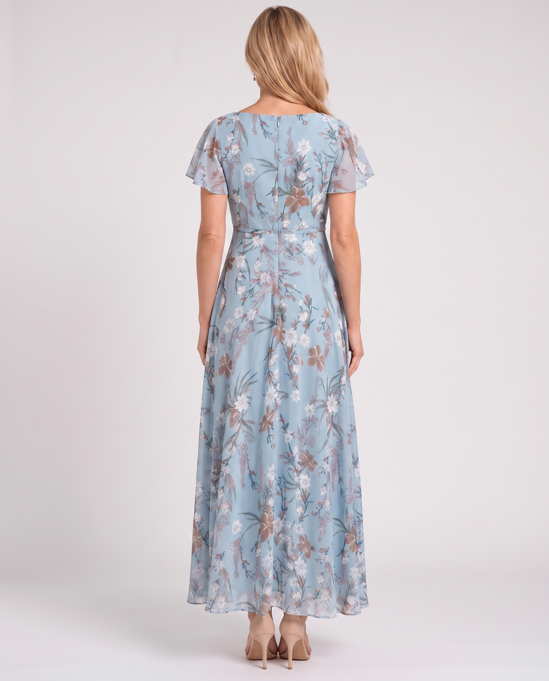 Light blue floral V-neck midi dress, short sleeves; back view with belted waist