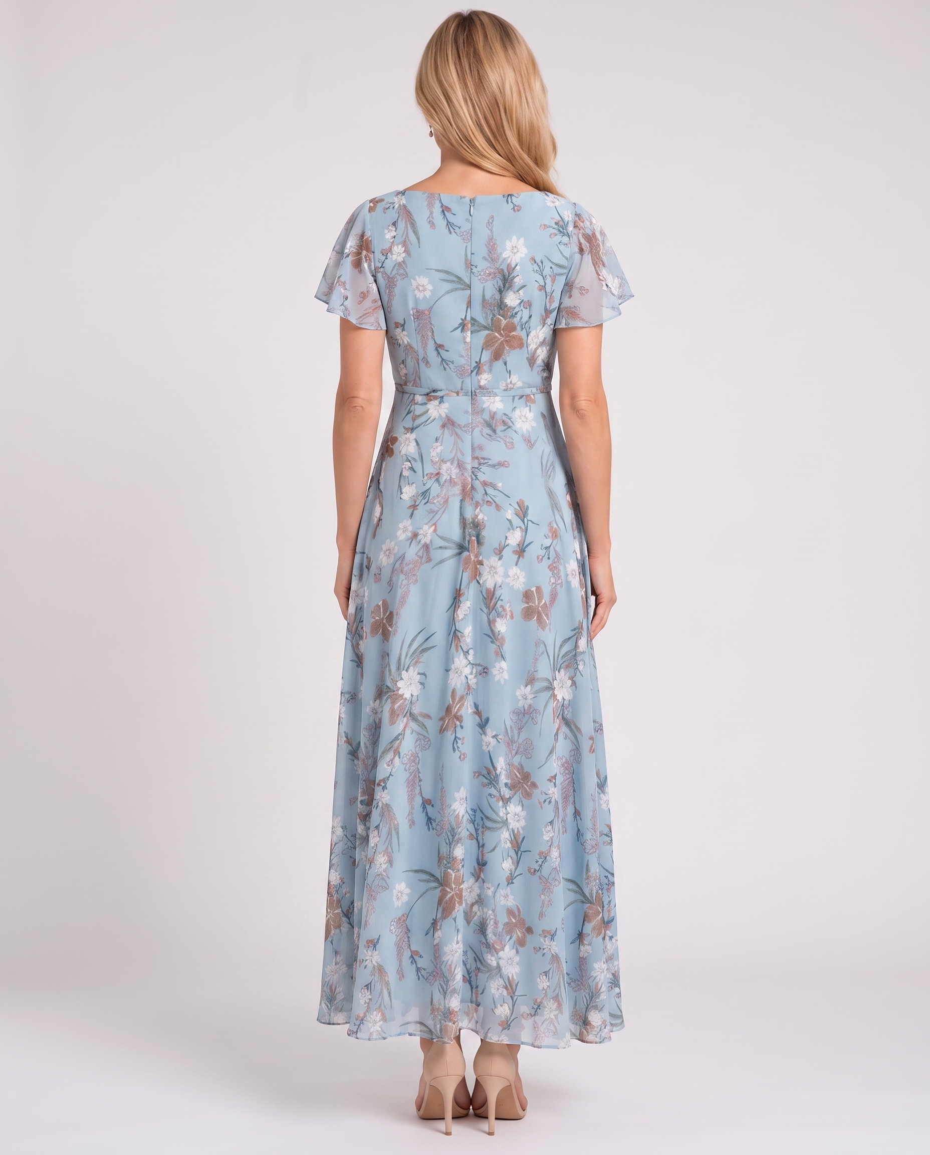 Light blue floral V-neck midi dress, short sleeves; back view with belted waist