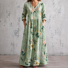 MAYA™ floral summer dress, sage green with V-neck and long sleeves, maxi length