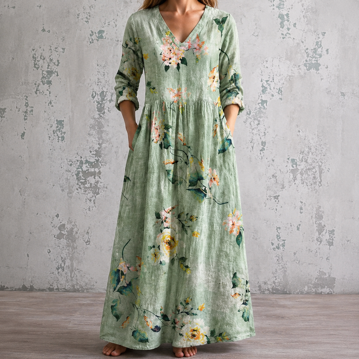MAYA™ floral summer dress, sage green with V-neck and long sleeves, maxi length