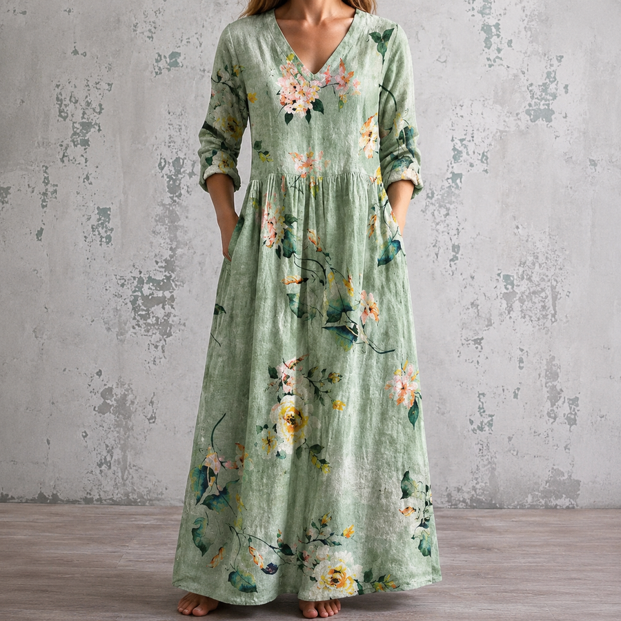 MAYA™ floral summer dress, sage green with V-neck and long sleeves, maxi length