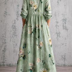 MAYA™ floral summer dress, sage green with floral print and gathered back yoke, maxi