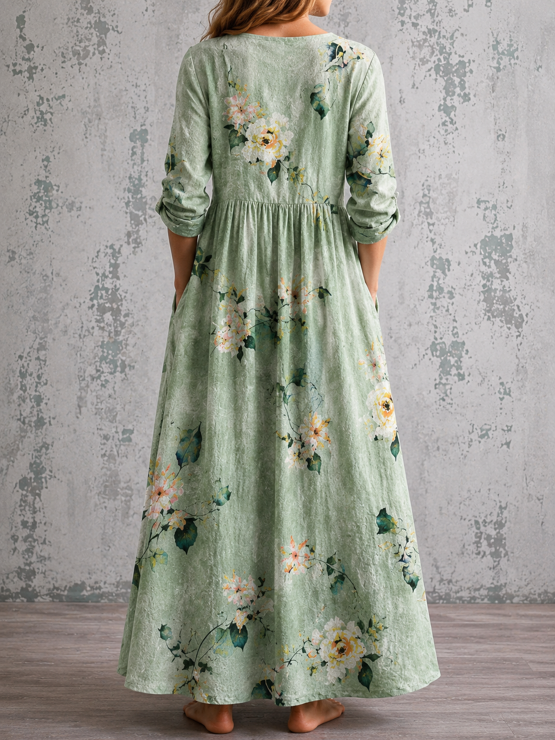 MAYA™ floral summer dress, sage green with floral print and gathered back yoke, maxi