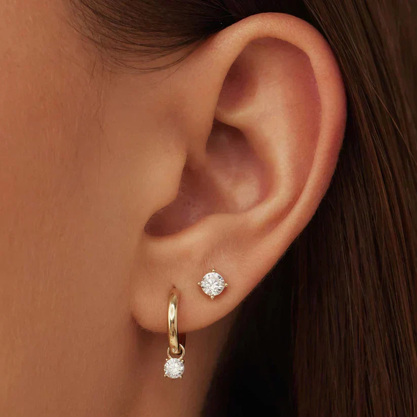 Gold-tone hoop earring with round stone and matching small round stud